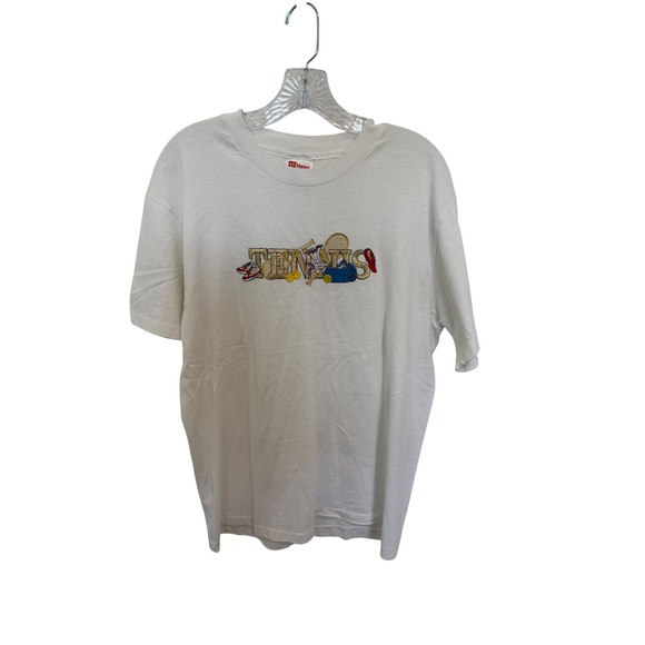 2 Shirts Hanes Tennis Graphic T-Shirt Embroidered Novelty Tee Sportswear White M - Picture 1 of 8